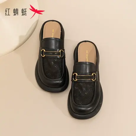 红蜻蜓包头乐福凉鞋女2023新款女士拖鞋外穿夏季镂空网面真皮半拖商品大图