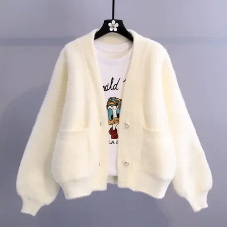 仿水貂绒毛衣开衫外套女秋冬2023年新款韩版宽松外穿加厚针织开衫图片