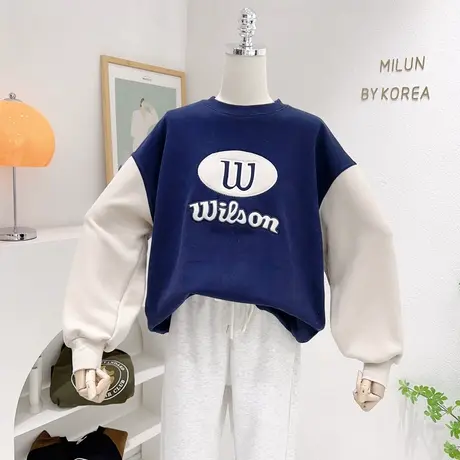 设计感摇粒绒上衣22秋冬款复古美式字母拼色加厚卫衣运动休闲宽松商品大图