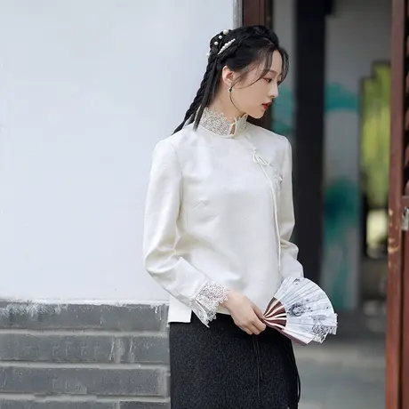 素飞汉服女改良唐装短款蕾丝拼接优雅百搭上衣旗袍中式盘扣禅茶服图片