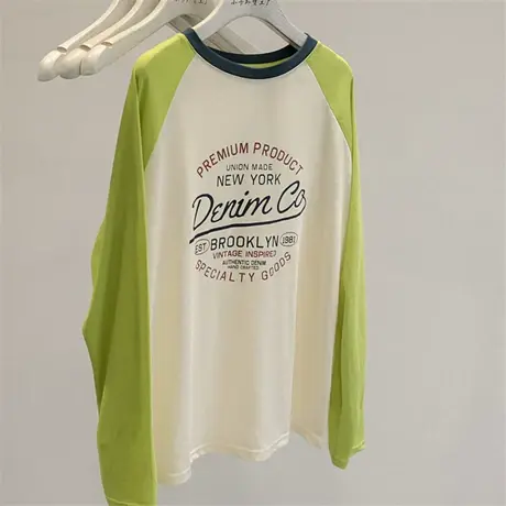 实穿主义~撞色插肩袖字母印花薄款百搭宽松显瘦圆领长袖T恤女秋装商品大图