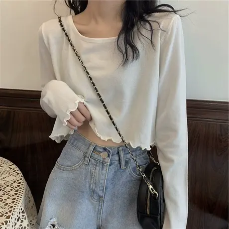 2023年早春新款夏季甜辣妹短款宽松小众别致设计感长袖t恤女上衣商品大图