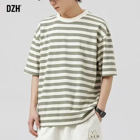 男生条纹短袖t恤男夏季宽松圆领潮牌休闲纯棉体恤男款圆领上衣服商品大图