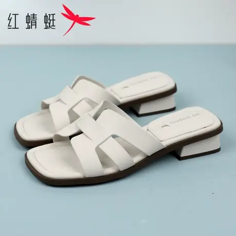 红蜻蜓2025夏季新款皮革软底粗跟女拖鞋摩登风套脚露趾气质凉拖鞋商品大图