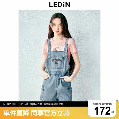 乐町绣花贴袋牛仔背带短裤夏季新款学院风显瘦小个子女生裤子商品大图