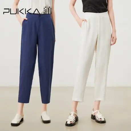 蒲PUKKA 亚麻萝卜裤女2023春夏新品显瘦松紧腰休闲裤子图片