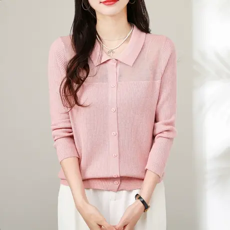 早春薄款POLO领方领洋气针织开衫女士百搭休闲软糯打底针织衫上衣图片