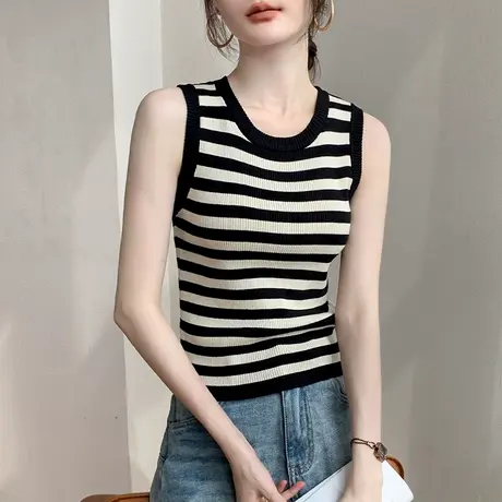 条纹圆领针织背心女2025春季新款掐腰显瘦纯色衬衫内搭辣妹打底衫商品大图