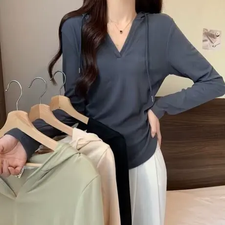 洋气减龄连帽长袖T恤女早秋百搭修身显瘦短款小个子上衣打底衫潮商品大图