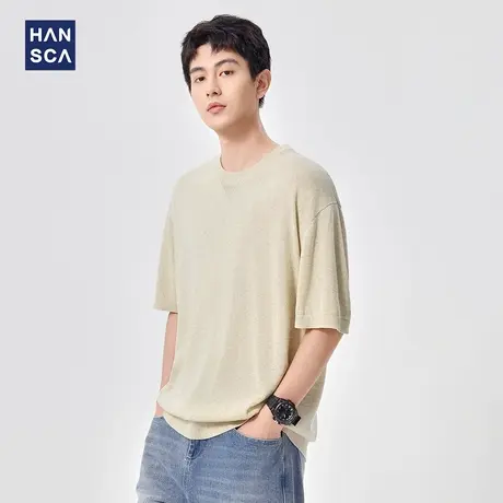 hansca 轻奢老钱风亚麻莱赛尔针织短袖t恤男2025夏季圆领宽松上衣商品大图