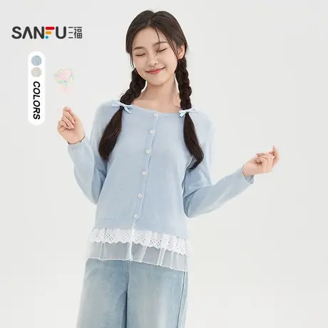 三福毛衣2025夏季甜美蕾丝花边下摆休闲圆领上衣女装503891图片