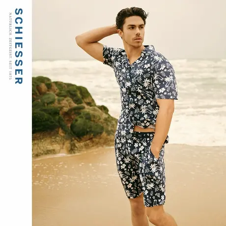 SCHIESSER舒雅25年春夏新品男士纯棉印花柔软亲肤翻领家居服套装商品大图