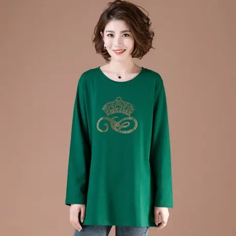 纯棉长袖t恤女春秋装加肥加大码女装宽松中长款中年妈妈款打底衫商品大图