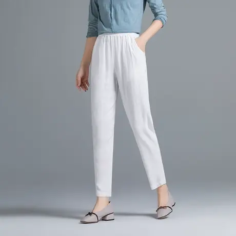 棉麻九分裤女夏季薄款加肥加大码女裤宽松休闲松紧腰亚麻哈伦裤子商品大图