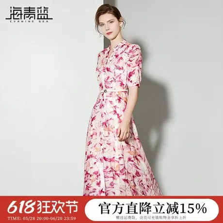 海青蓝 裙子女夏时尚气质短袖印花v领女装高级连衣裙女2025新款图片