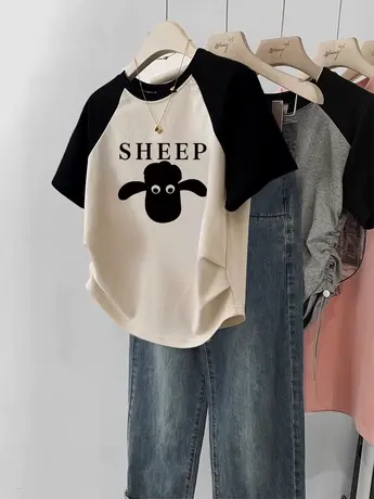 闺蜜大码女装插肩袖短袖韩系chic别致修身短款上衣夏潮ins显瘦T恤商品大图