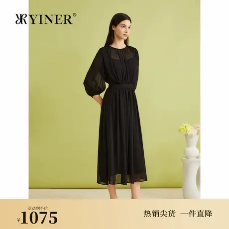 YINER音儿女装夏季法式优雅夜曲小黑裙收褶肌理优雅连衣裙图片