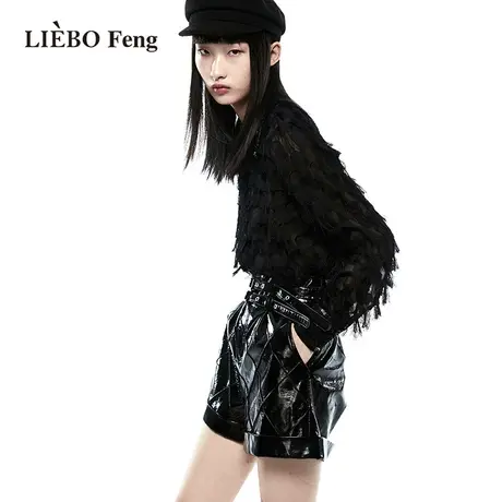 裂帛LIEBOFeng商场同款2023年设计师法式衬衣流苏黑色长袖衬衫女图片