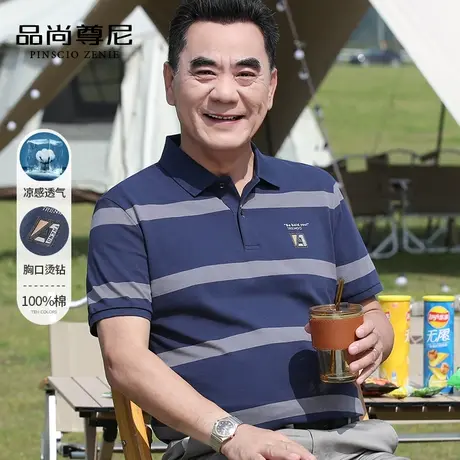 【100%棉】柔软亲肤经典条纹刺绣中老年爸爸T恤短袖男士POLO衫夏商品大图