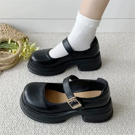 配裙子晚风玛丽珍鞋女新款2023年春秋季浅口粗跟单鞋猪腰子小皮鞋商品大图