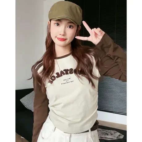 尔给小众圆领修身打底衫2023新款女秋冬设计感插肩袖长袖短款上衣商品大图