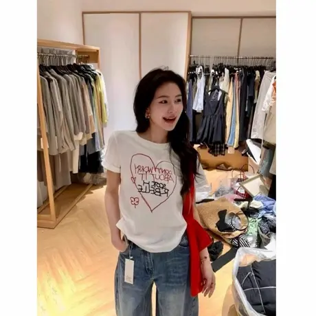 韩系爱心字母印花圆领短袖t恤女夏季百搭宽松显瘦正肩上衣女2025图片