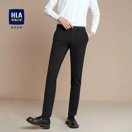 HLA/海澜之家时尚针织休闲裤秋季微弹中腰简约修身黑色长裤子男士图片