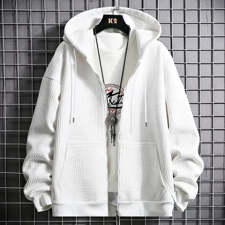 华夫格开衫卫衣男春秋款潮牌肌理感连帽夹克男士港风宽松休闲外套商品大图