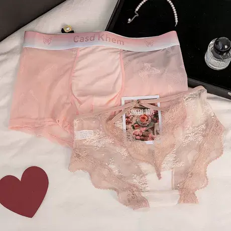 粉欲交织~冰丝情侣内裤夏季一男一女性感网纱蕾丝纯欲三角平角裤商品大图