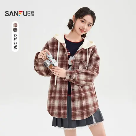 三福厚外套2025秋季格子连帽口袋衬衫式宽松上衣女装508605图片