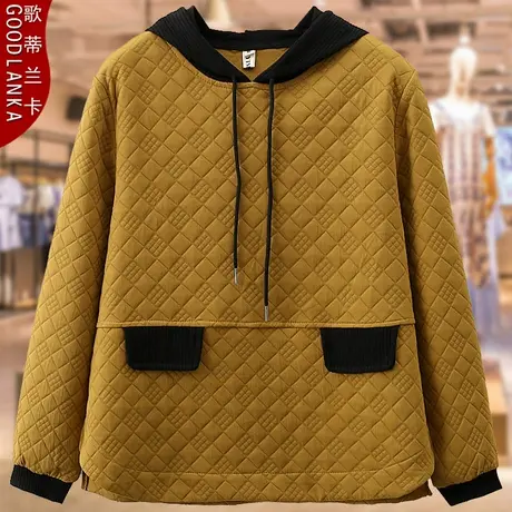 中年胖妈妈秋装夹棉外套大码宽松洋气中老年女装连帽套头休闲卫衣商品大图