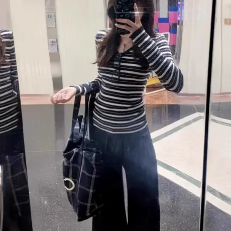 条纹v领针织内搭打底衫长袖t恤女2025早秋季韩系穿搭修身辣妹上衣图片