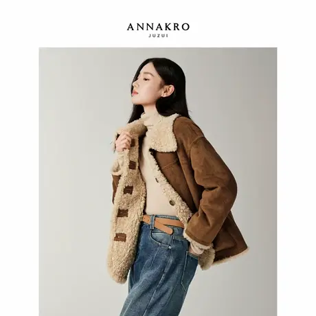 玖姿安娜蔻慵懒巴恩拼接翻领正反两穿猎装夹克外套女2025冬季新款图片