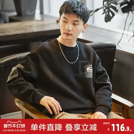 唐狮2026秋冬男圆领加绒拼接卫衣百搭明线设计感时尚休闲贴布宽松图片