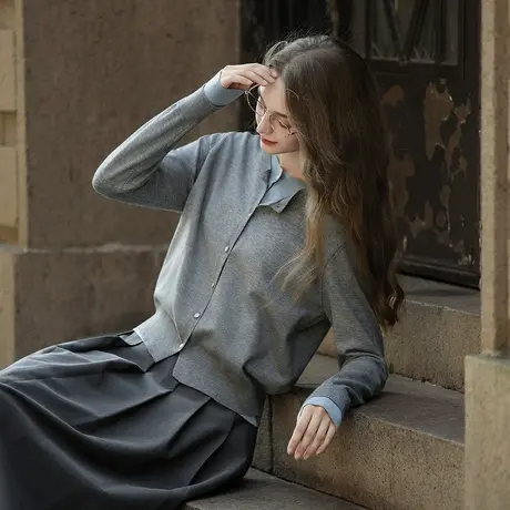 唐狮毛衣女秋冬小个子简约女士圆领假两件拼接开衫毛线衫好看tuTA商品大图