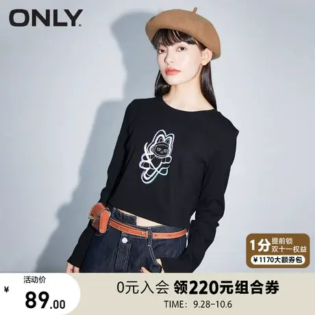 ONLY奥莱夏季百搭宇航猫卡通印花长袖短款T恤女图片