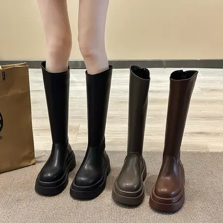 长筒靴女2023春秋季新款英伦风法式百搭瘦瘦靴粗跟厚底增高骑士靴商品大图