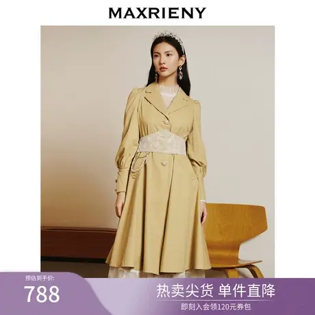 MAXRIENY复古宫廷大衣中长款卡其色通勤长外套秋冬款蕾丝收腰风衣商品大图