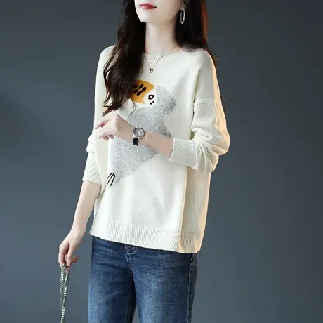 宝诗黎圆领落肩全羊毛针织衫女2023秋季新款韩版宽松套头慵懒毛衣商品大图