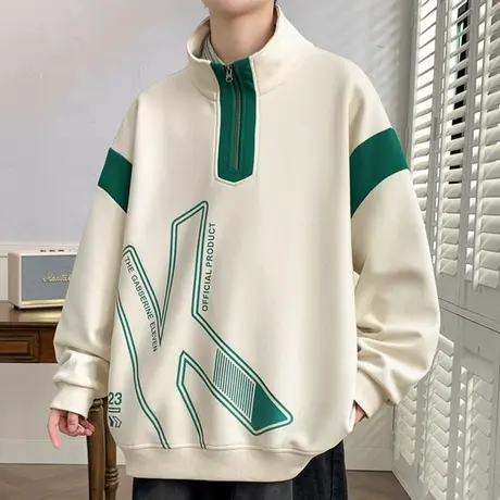 半拉链卫衣男春秋款潮牌字母印花半高领打底衫宽松休闲长袖t恤男商品大图
