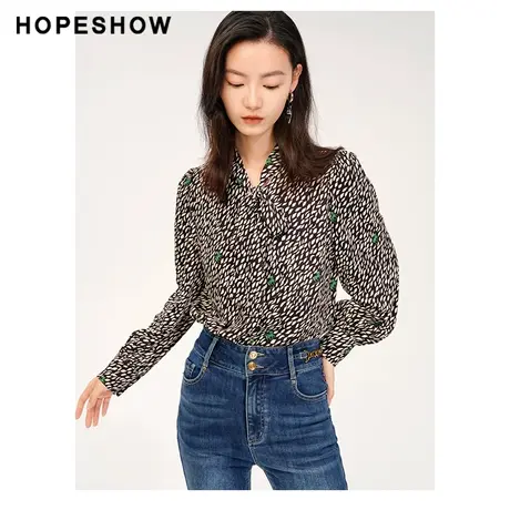 红袖outlets设计感印花飘带领衬衫hopeshow2023冬款长袖小上衣女商品大图