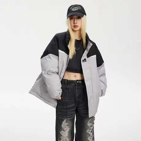 美式复古立领拼接棉服女冬季加厚外套2023新款潮牌宽松面包服棉衣图片