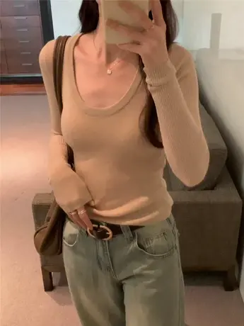 U领长袖修身chic上衣女2023秋冬新款显瘦短款内搭保暖针织打底衫商品大图