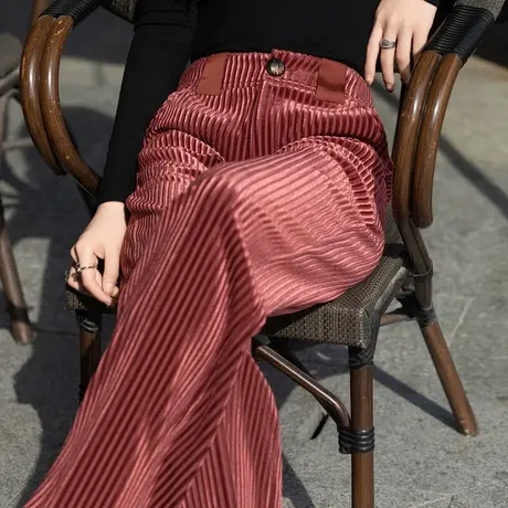 薄绒金丝绒阔腿裤女高腰秋冬2023新款休闲裤子加厚直筒裤条绒女裤图片