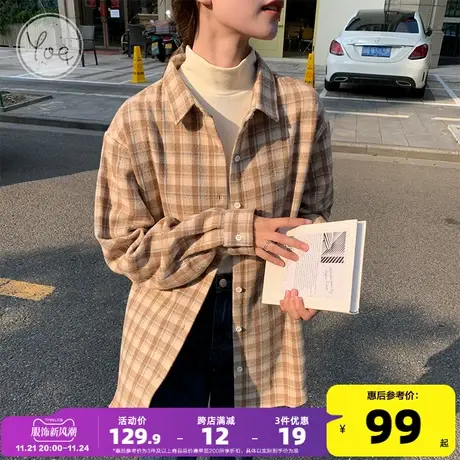 yoe衬衫女卡其色复古格纹上衣设计感内搭宽松开衫外套女装秋装图片