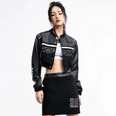 yep机车风外套女春秋美式复古赛车皮衣夹克辣妹上衣小众显瘦黑色图片