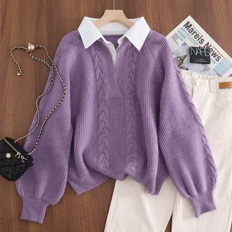 23100新款韩版宽松拼接套头针织衫毛衣女士纯色百搭打底衫上衣商品大图