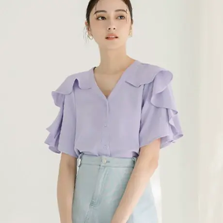 桔熊夏季通勤气质V领衬衫荷叶短袖宽松上衣女胖妹妹大码AB18856商品大图