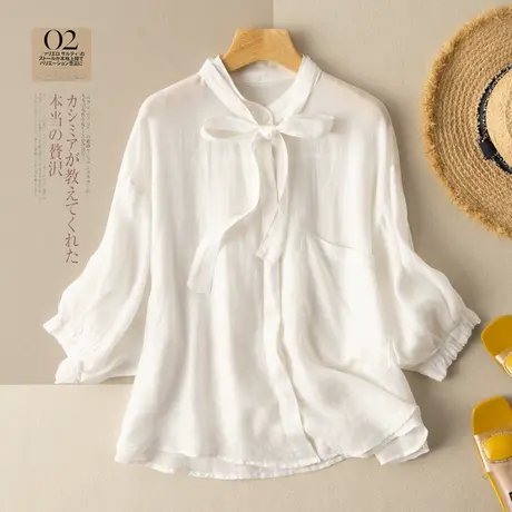 七分袖苎麻白色衬衫文艺复古系带棉麻衬衣2022夏季新款薄款上衣女商品大图