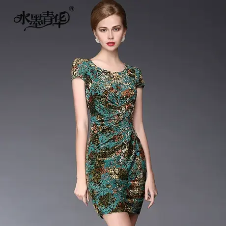 【1件7.9折】夏装女装优雅通勤皱褶修身韩国花色金丝绒短袖连衣裙图片